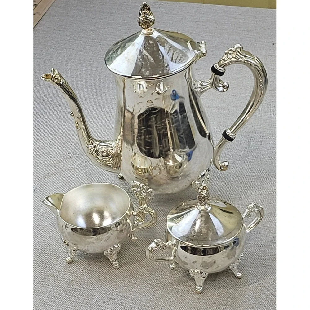 Vtg International Silver Co 3pc Silver Plated Coffee Tea Set Floral Footed 1991
